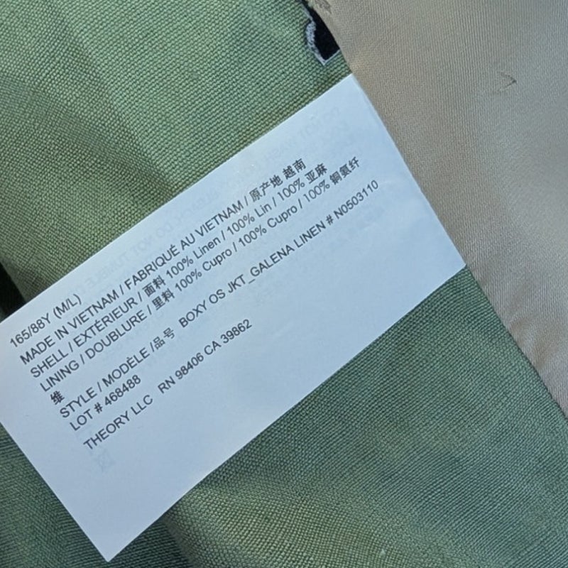 Theory Galena Boxy Oversized Linen Jacket Blazer Womens M/L Green Leaf NWT