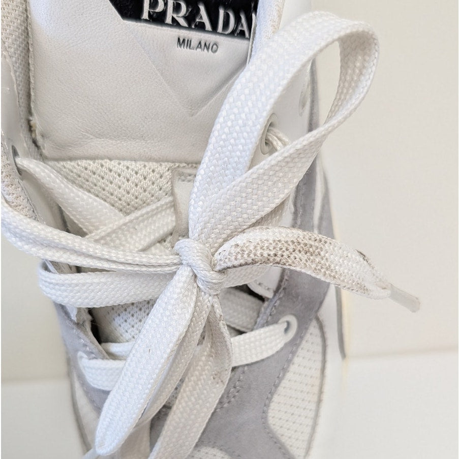Prada 1E909L Leather Sneakers Womens EU39.5/US 9.5 White Low Top Striped