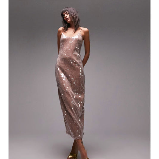 Topshop Dress Womens 6 Nude Sleeveless Sequin Cami Midi Slip