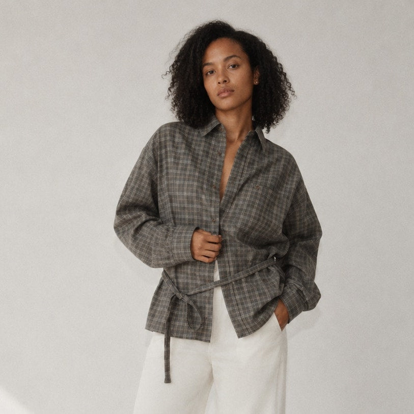 Deiji Studios Wool Check Shirt in Everyday Check Women's XS Gray Plaid Oversized