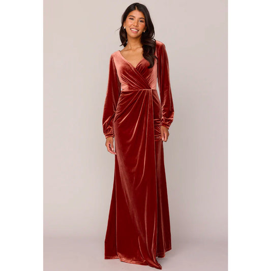 Reverly Vera Velvet V neck Long Sleeve Front Slit Wrap Maxi Dress, size 6