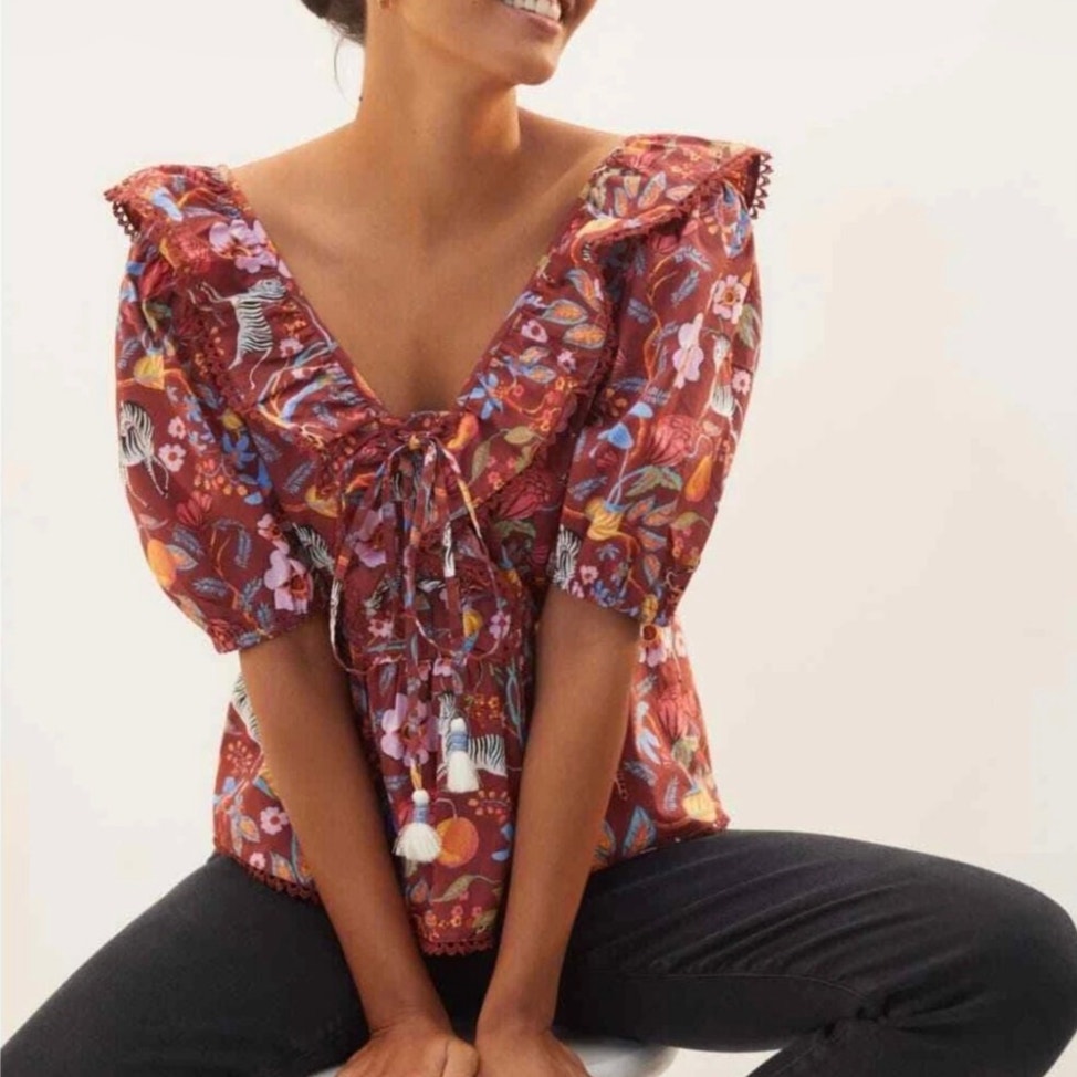 Anthropologie Maeve Ruffled Tie-Front Blouse Womens S Floral Print Cotton NWOT