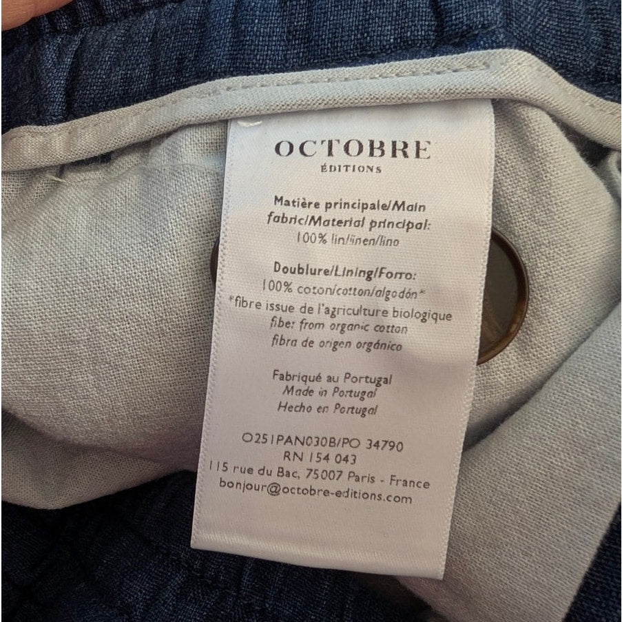 NWT Octobre Agnel Mottled Blue Chino Linen High Rise Trouser Pants, Size XL