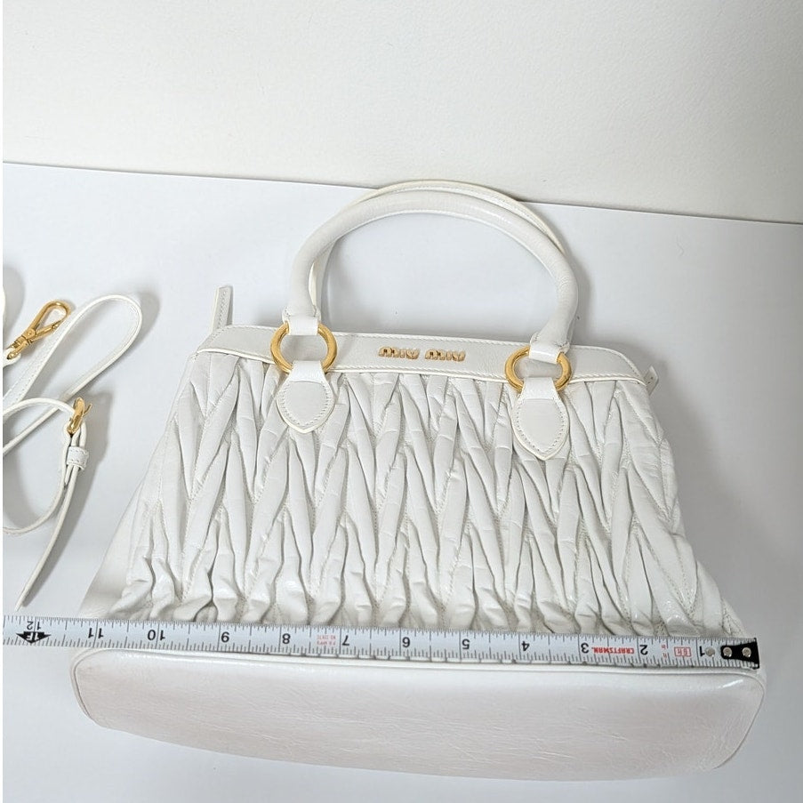 Miu Miu Matelassé Leather Handbag in White Quilted Logo Crossbody Strap