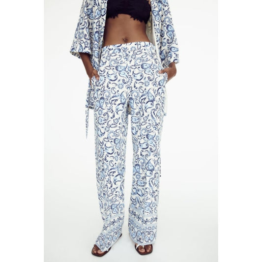 Zara Pants Womens XS BLue Floral Print Linen Blend High-rise Wide Leg Full