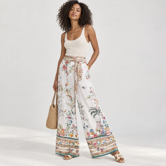 Camilla Multicolor Floral Linen Wide Leg Pants Size M