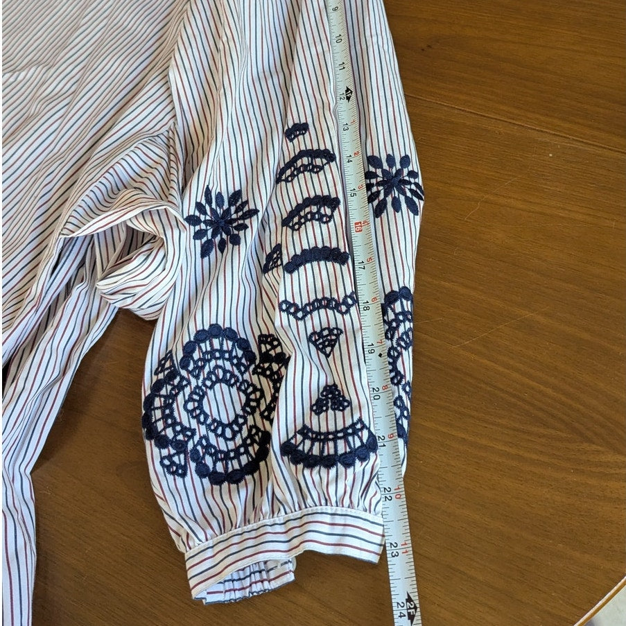 J. Crew Red/Blue Striped Embroidered Sleeves Tie Front/Back Tunic Blouse, size M
