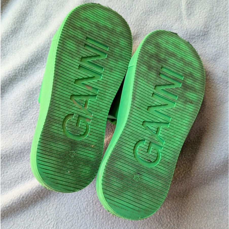 Ganni Green Rubber Round Open Toe Logo Slide Sandals, size EU39/US8