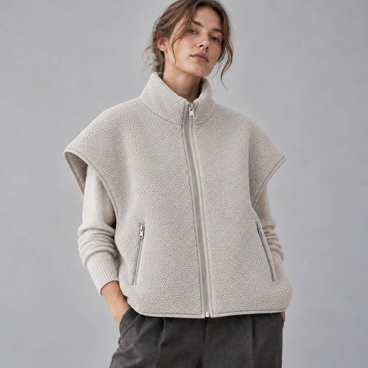 LAMARQUE Eudora Polar Fleece Vest Light Gray Faux Leather Trim S