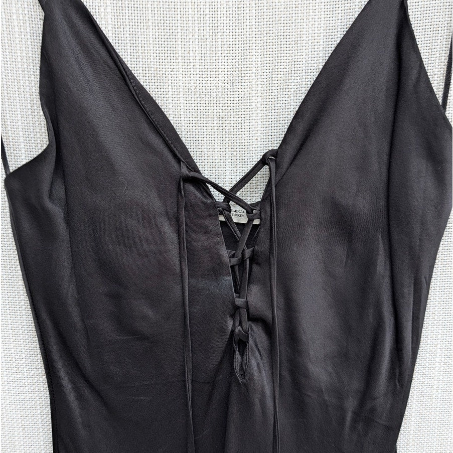 Zara Slip Dress Womens XS Black Satin Sleeveless A-line Midi