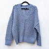 Aqua Blue Wool Blend Open Knit V-neck Long Sleeve Sweater, size XL