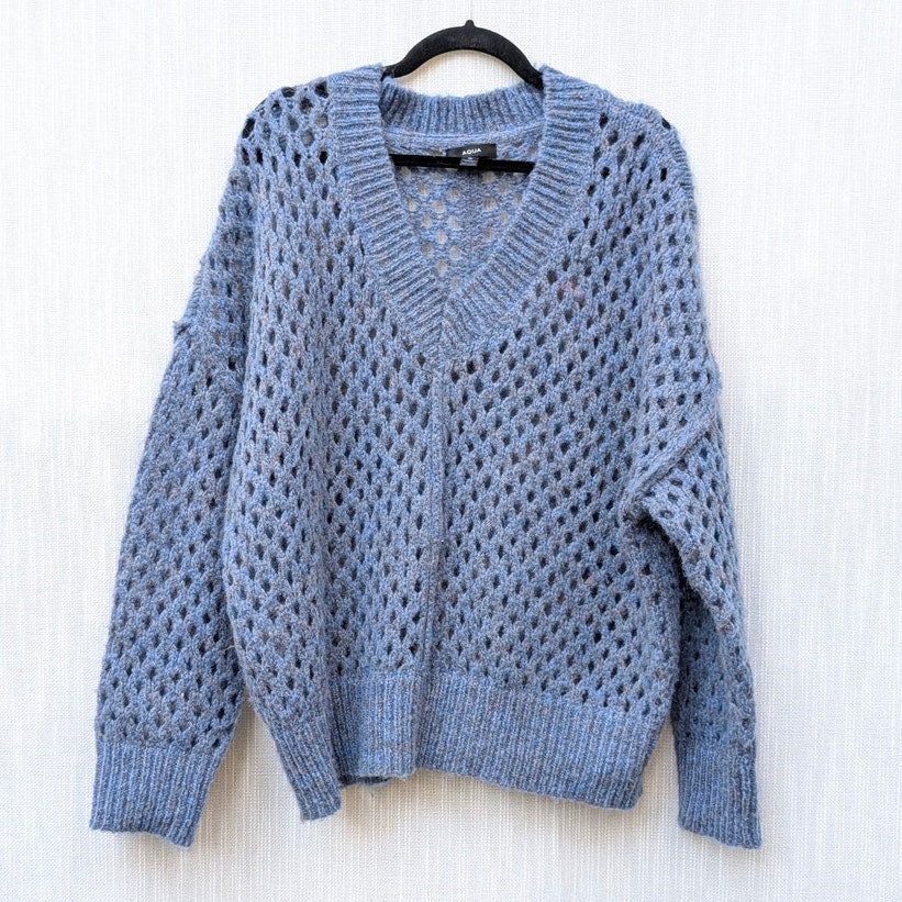Aqua Blue Wool Blend Open Knit V-neck Long Sleeve Sweater, size XL