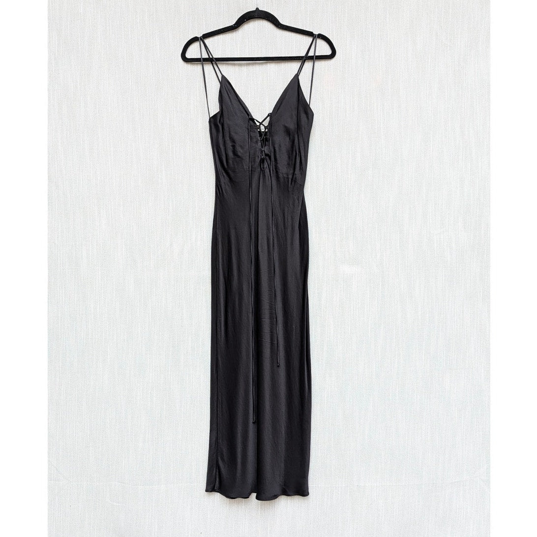 Zara Slip Dress Womens XS Black Satin Sleeveless A-line Midi