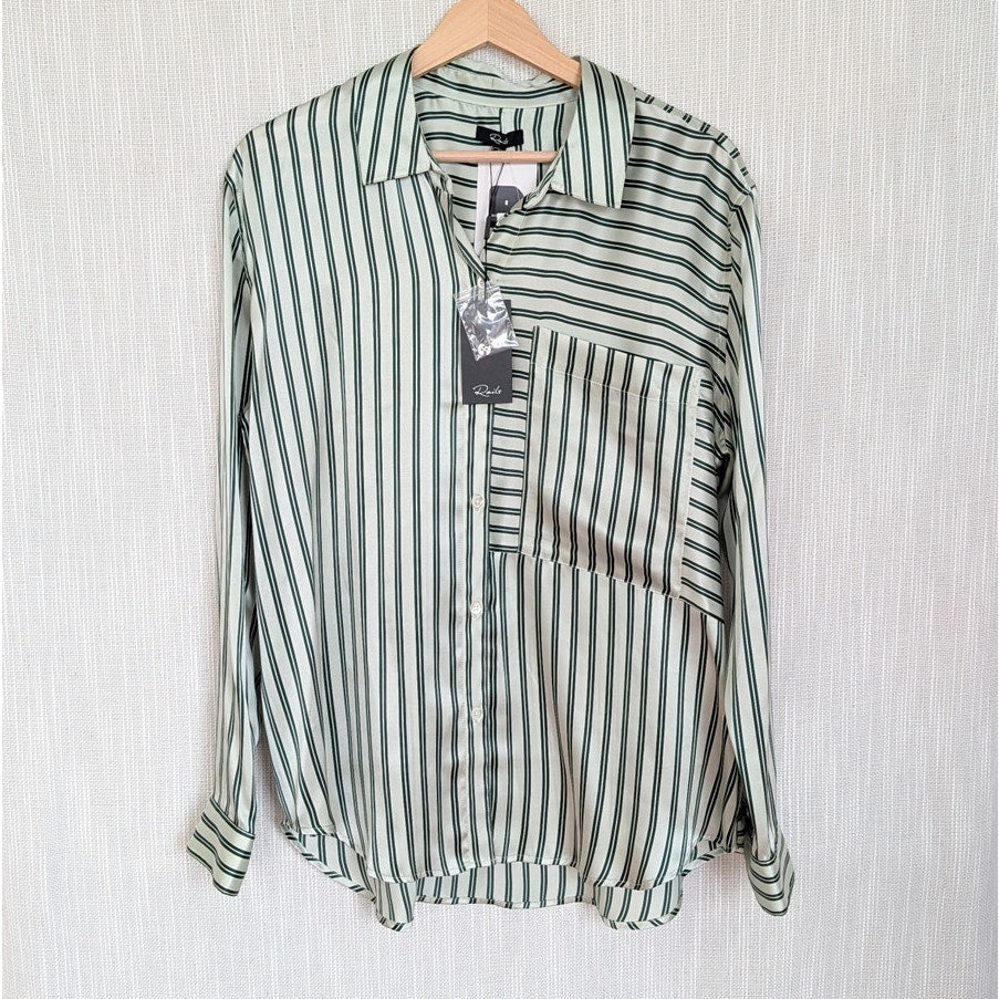 Rails Spencer Silk Blouse Shirt Womens L Green Striped Long Sleeve NWT