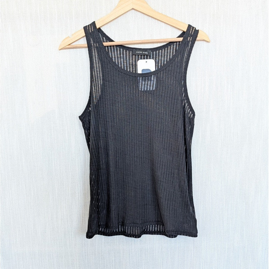 Anine Bing Eugene Tank Womens S Black Sleeveless Rib Jersey Semi-sheer