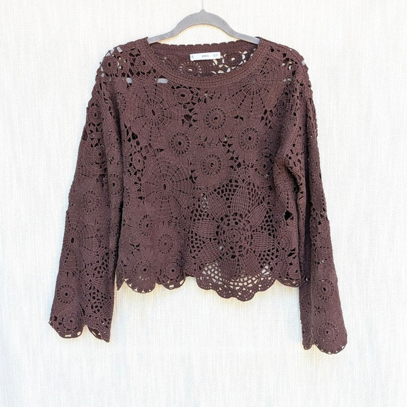 Mango MNG Crochet Long Sleeve Top Womens S Chocolate Brown Floral Cotton Knit