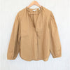 Vince Braided Trim Long-Sleeve Cotton Blouse in Jute Womens M Tan V-neck Top