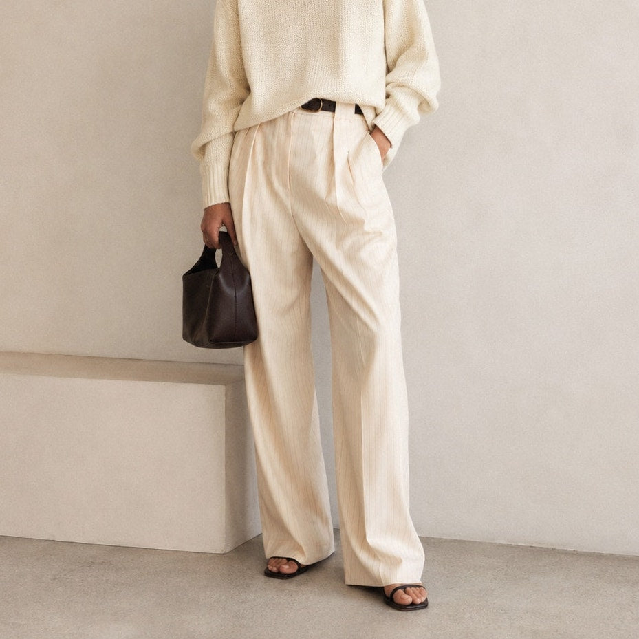The Frankie Shop Tansy Pants Womens M Pleated Pinstriped Crepe Straight Wide Leg