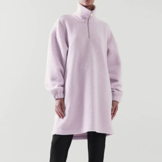 COS Lilac Teddy Fleece Oversized Long Sleeve Zip High Neck Tunic Dress, size XS