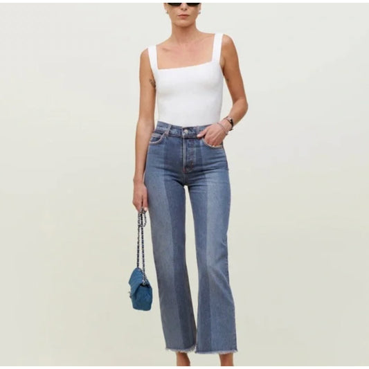 Reformation Natoma Blue Denim Distressed High-rise Straight Leg Jeans, size 25