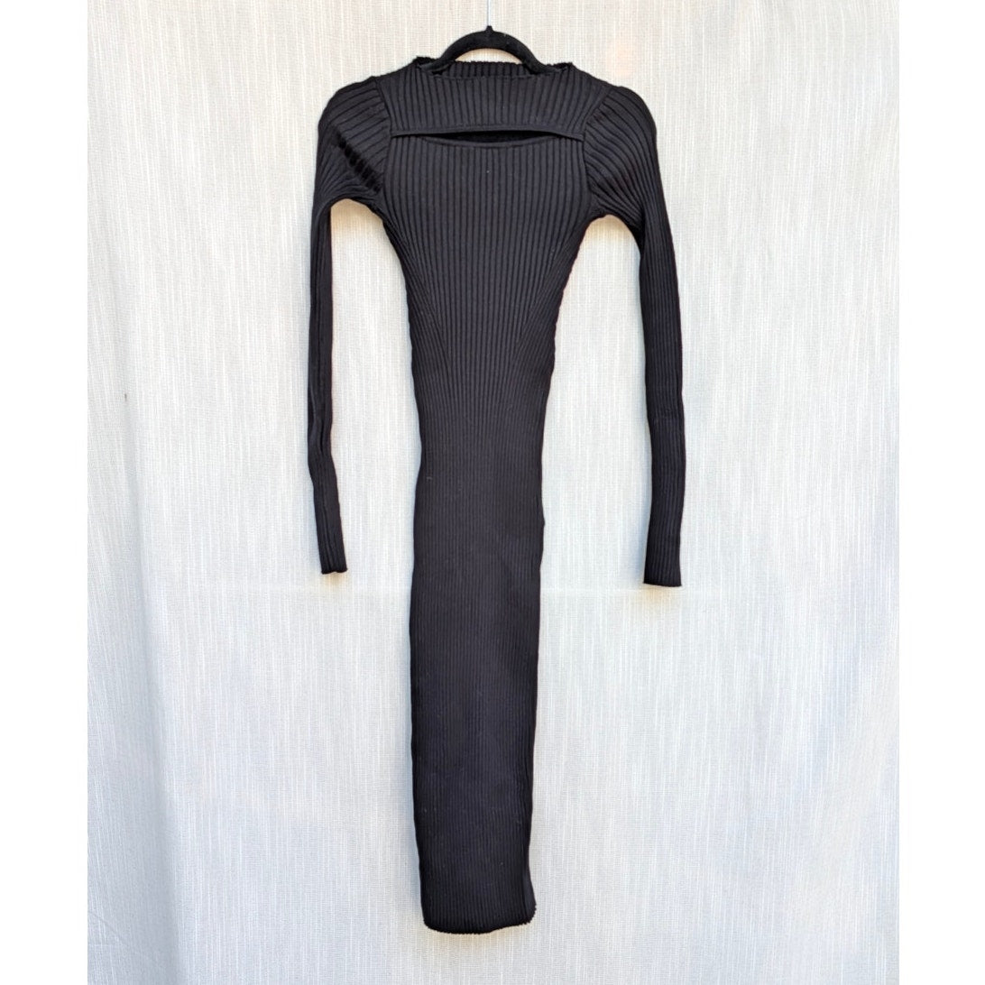 Anine Bing Lora Dress Womens S Black Rib Cutout Long Sleeve Bodycon Midi