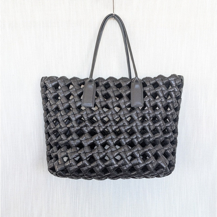 Black Genuine Leather Woven Tote Bag Large Shoulder Handbag Open Top Womens