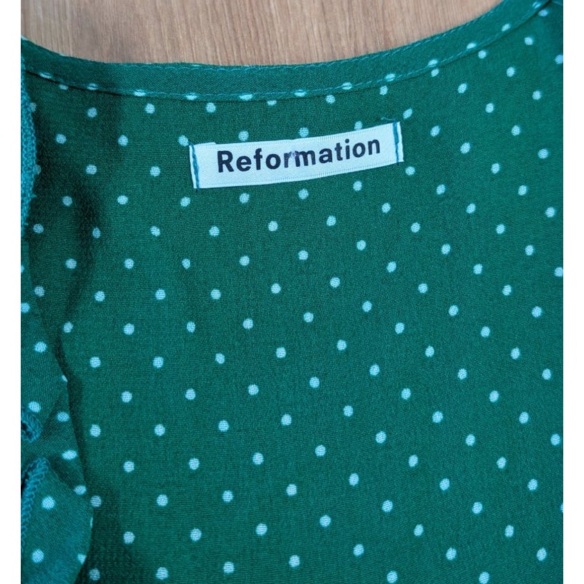 Reformation Sicilia Green Polka Dot Ruffle V-neck Wrap Mini Dress S