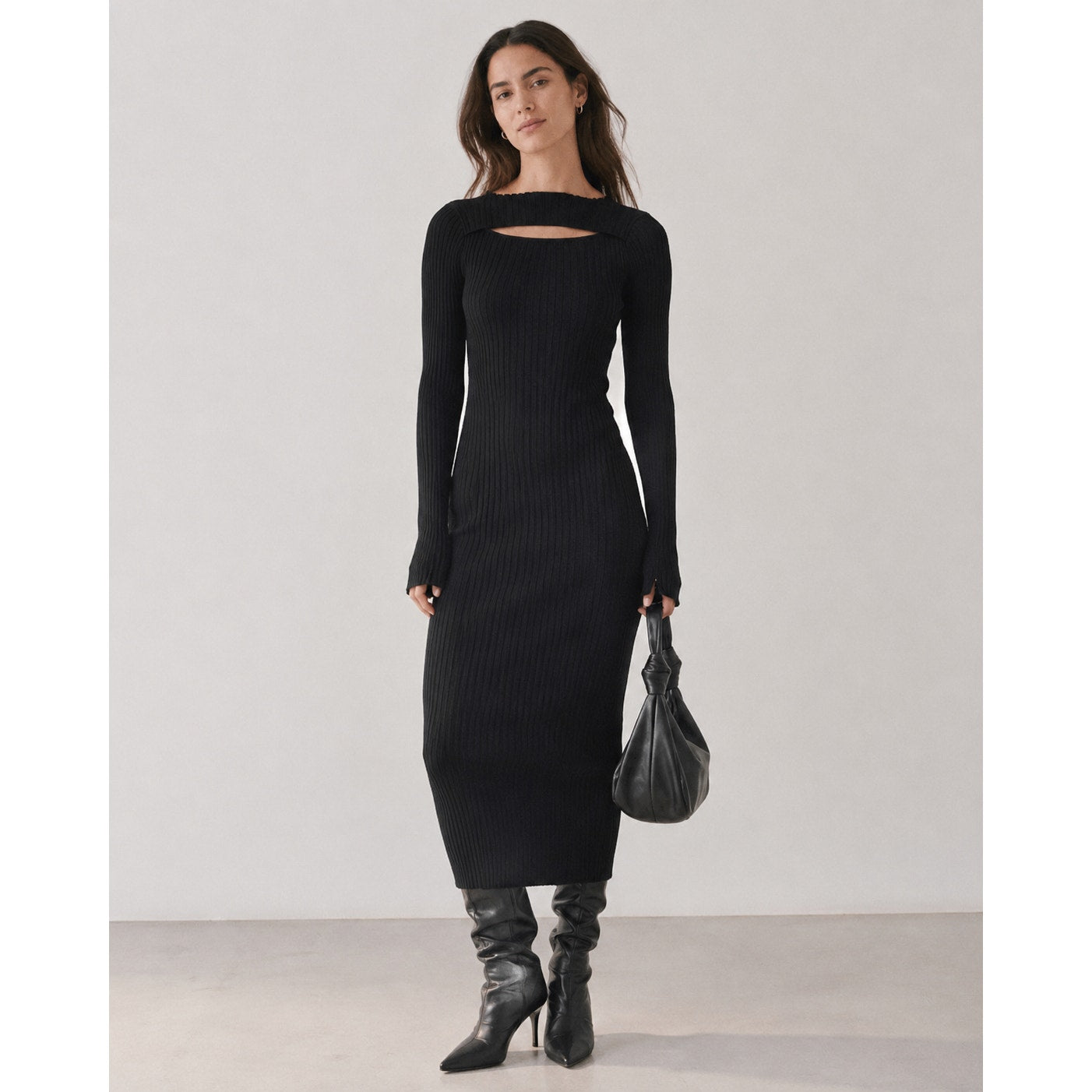 Anine Bing Lora Dress Womens S Black Rib Cutout Long Sleeve Bodycon Midi