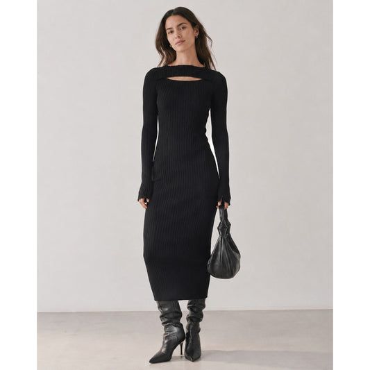 Anine Bing Lora Dress Womens S Black Rib Cutout Long Sleeve Bodycon Midi