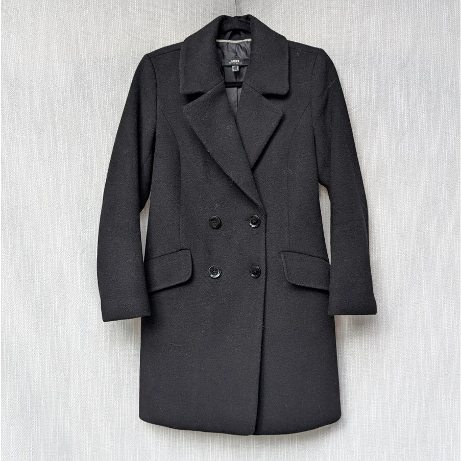 Mexx Black Wool Blend Double-Breasted Peacoat Coat, size 4