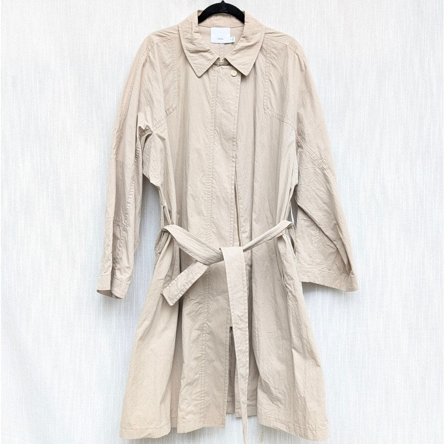 Vince Cotton Trench Coat Womens XL Beige Full Zip Self-Tie Belt Long