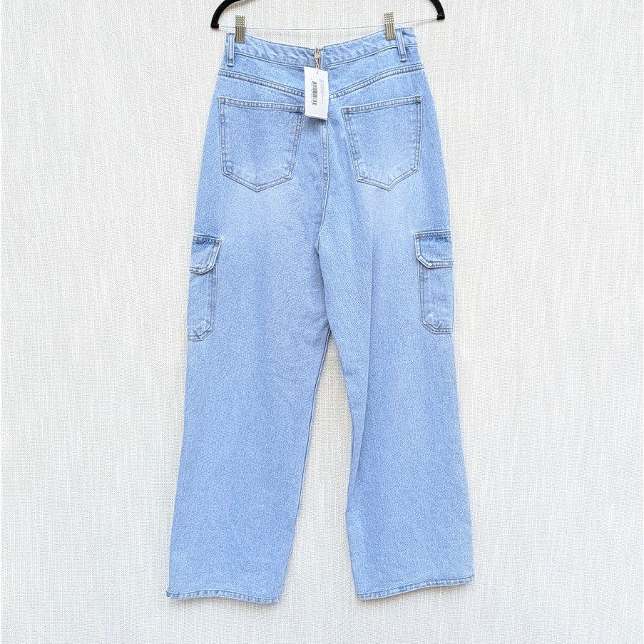 The Frankie Shop Kai Cargo Denim Pants Womens M Worn Wash High-rise Wide Leg NWT