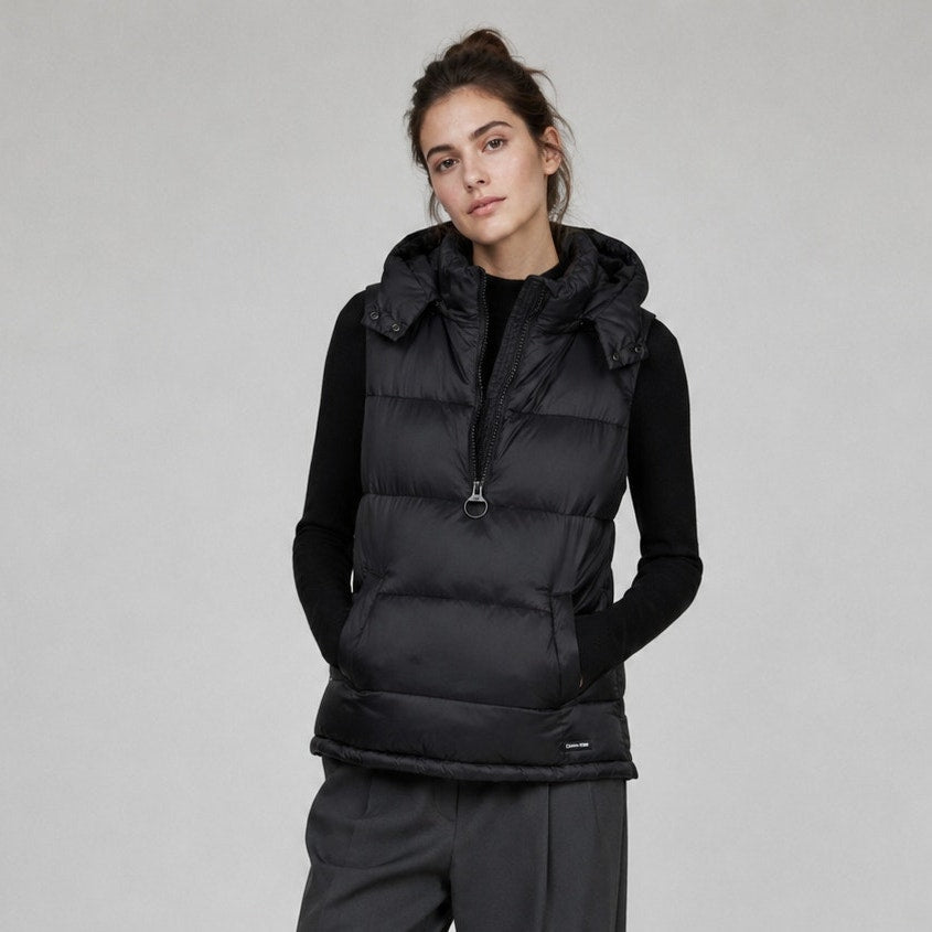 DKNY Sport Premium Down Black Half-Zip Down Puffer Hood Vest, size M
