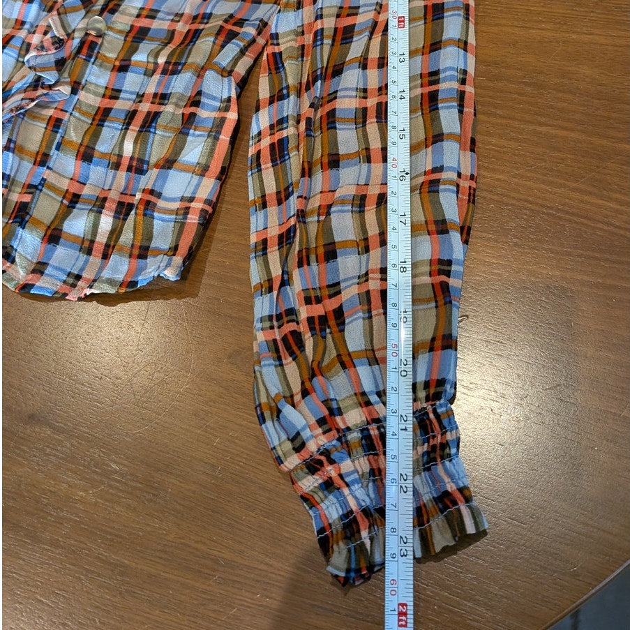 Anthropologie Maeve Laila Chiffon Ruffle Plaid Long Sleeve Wrap Blouse, size 4