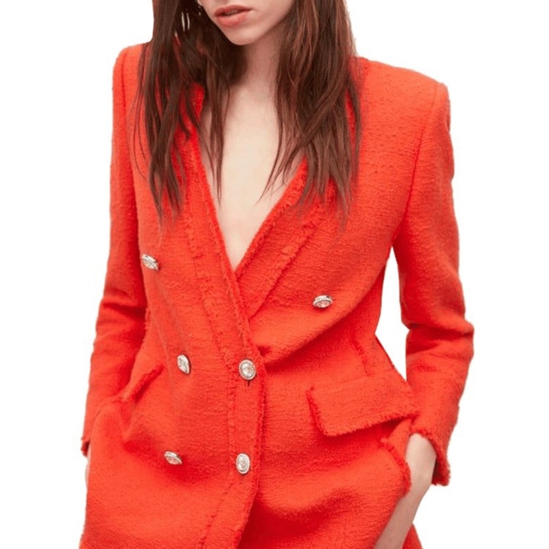 Zara Blazer Womens S Coral Tweed Gems Button Double-breasted Long Sleeve