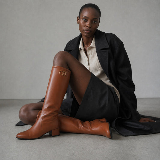 Valentino Garavani VLOGO Leather Knee High Heeled Boots Womens EU40/US 10B Brown