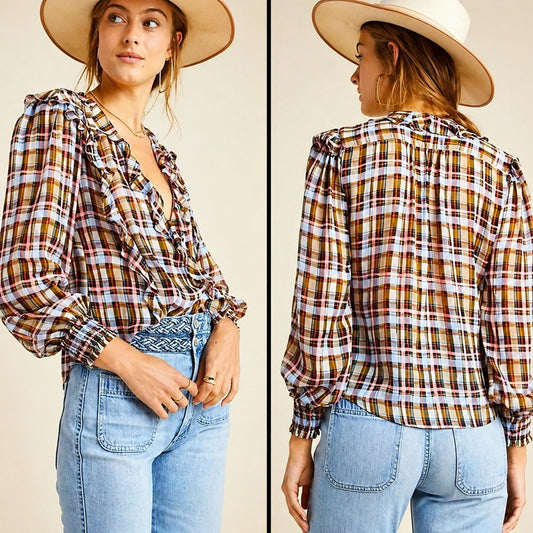 Anthropologie Maeve Laila Chiffon Ruffle Plaid Long Sleeve Wrap Blouse, size 4