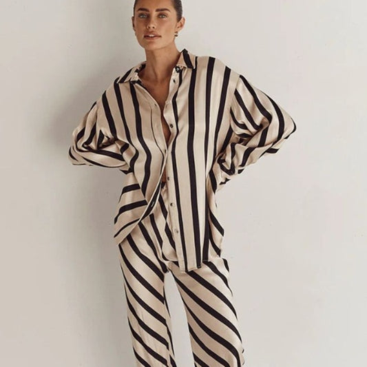 Dissh Pippa Stone Satin Silk Striped Button-Up Shirt Womens 6 Long Sleeve Tunic