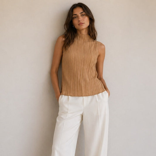 Anine Bing Rondi Pleated Top Womens L Brown Crepe Sleeveless Straight Mock Neck