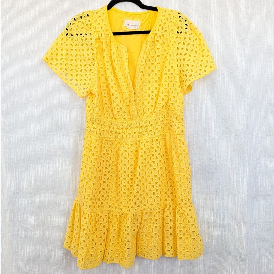 Anthropologie The Somerset Eyelet Mini Dress Womens L Yellow V-neck Short Sleeve