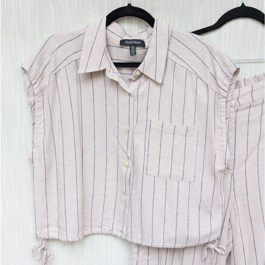 Ellen Tracy Linen-Blend Shirt and Linen-blend Cropped Cargo Pants, size L