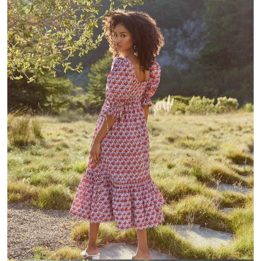 Eddy Hayley Red Floral Print Puff Sleeve Cotton Tiered Midi Dress, size L