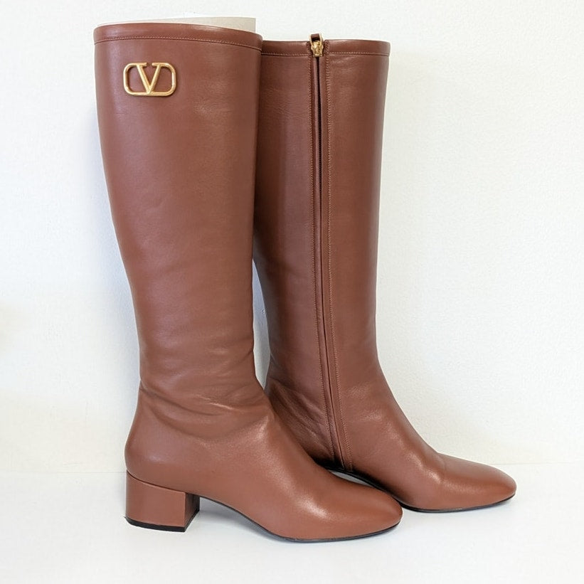 Valentino Garavani VLOGO Leather Knee High Heeled Boots Womens EU40/US 10B Brown
