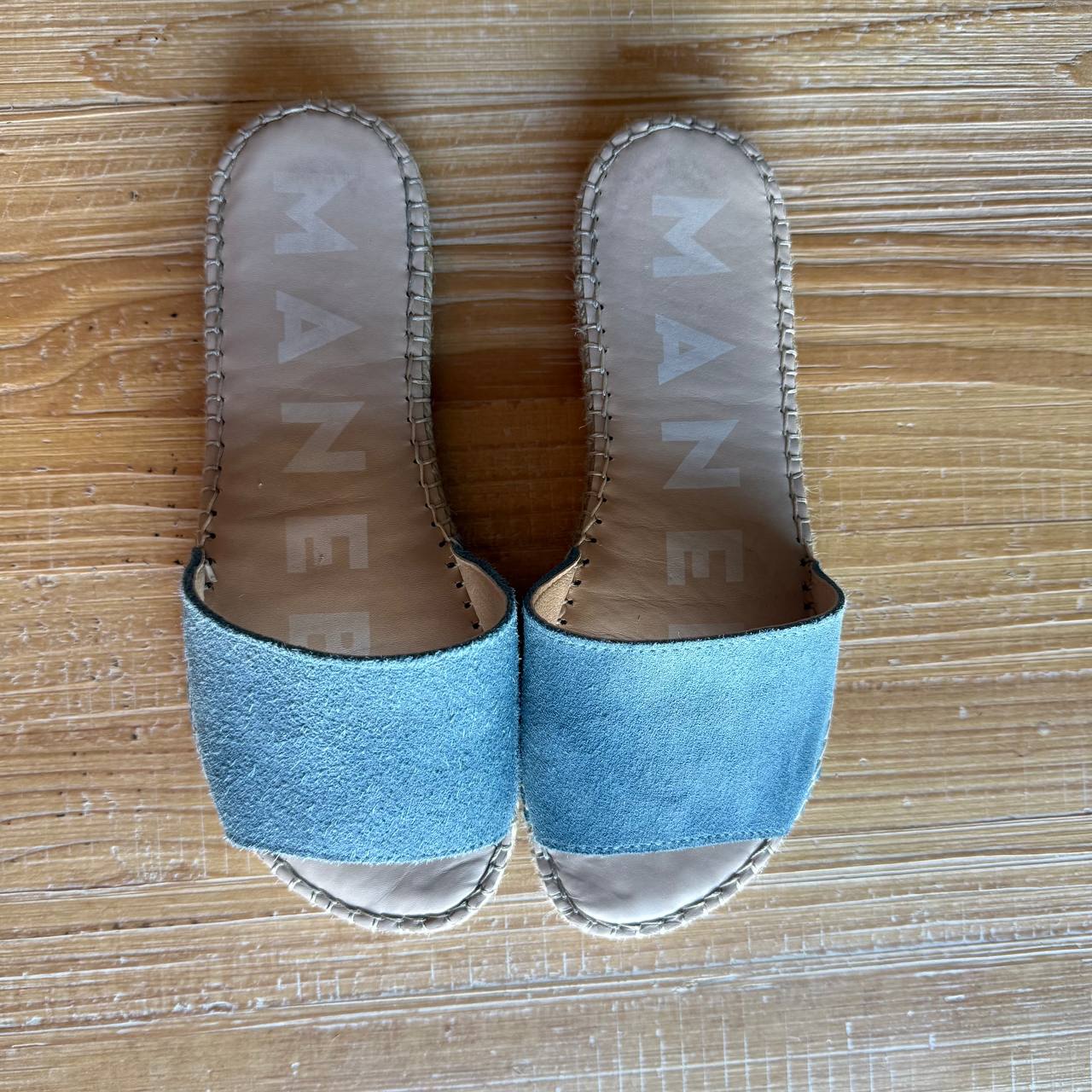 Manebi Sandals Womens EU 37/US 6 Blue Suede Flat Open Toe Espadrille Slides