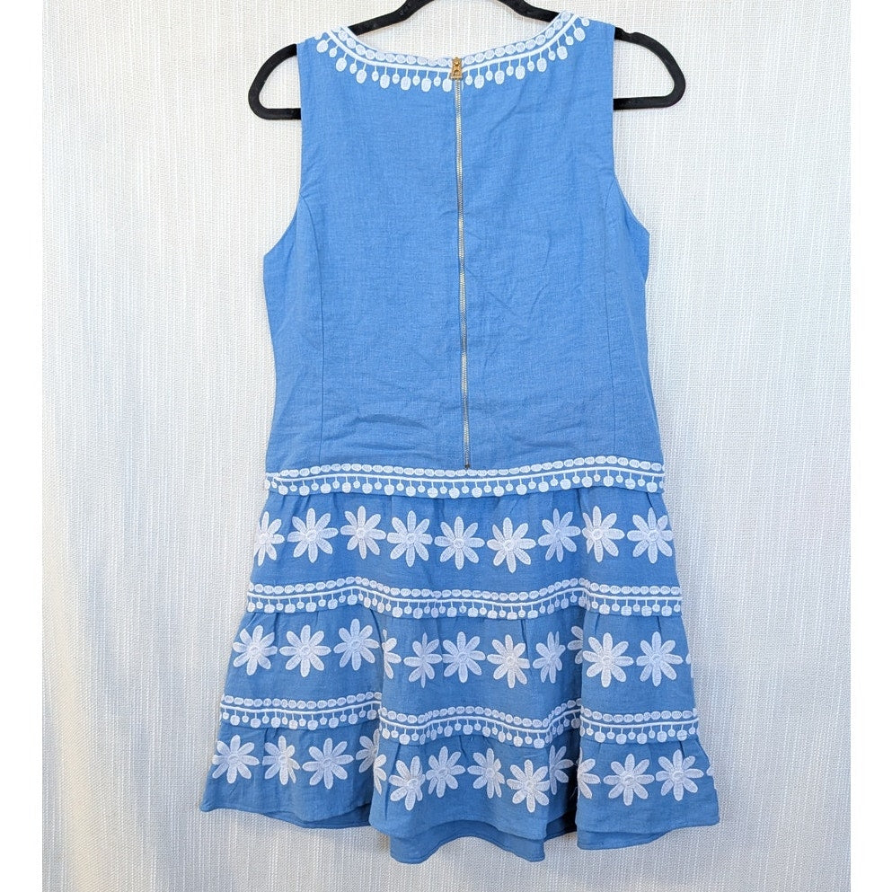 STS Sail to Sable Blue White Embroidered Floral Linen Sleeveless Mini Dress XS