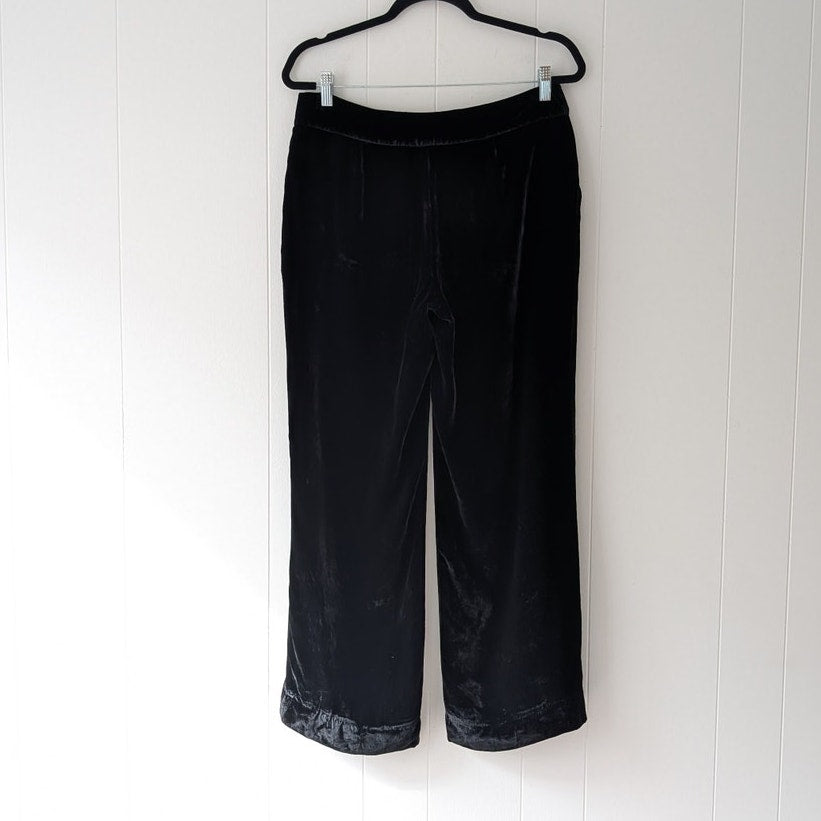 Swing Black Velvet Silk Blend Mid-rise Wide Leg Ankle Trousers Pants, size FR 40