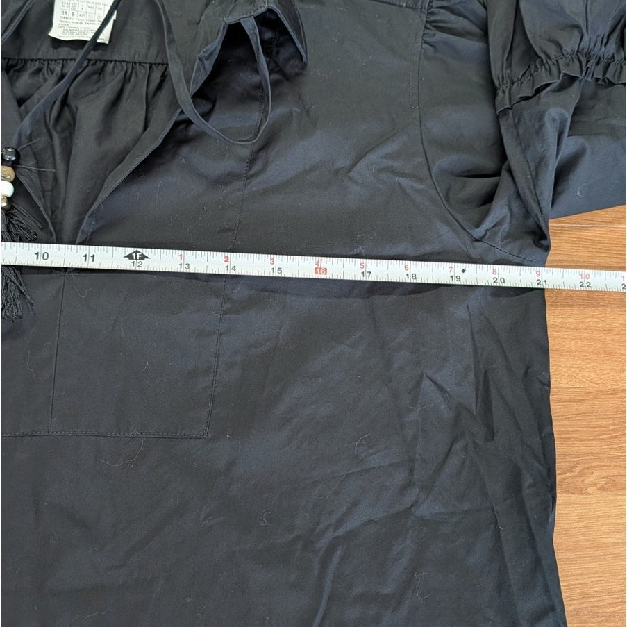 Max Mara Fedora Tasseled Cotton Poplin Shirt Midi Dress Womens 8 Black Relaxed