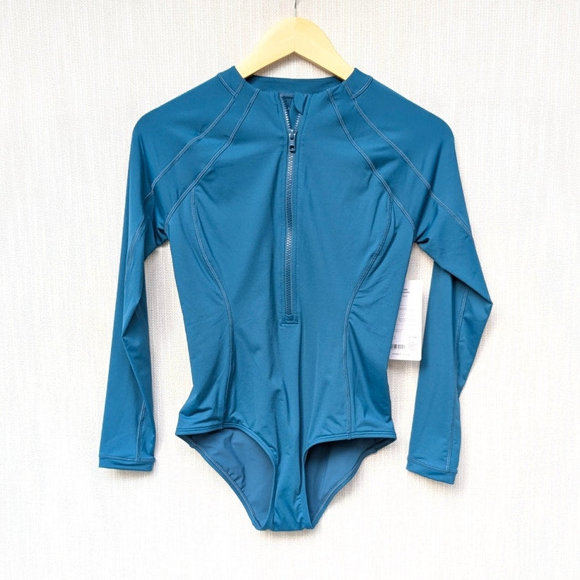 NWT Athleta Sun Shield One Piece Coastal Teal Rashguard Swimsuit, size XS