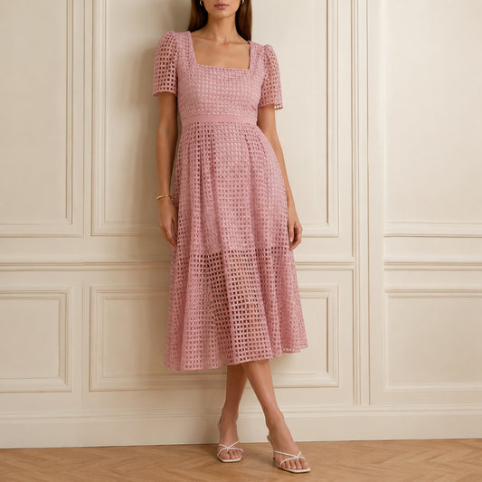 RP Rachel Parcell Lace Midi Dress Womens 0 Pink Rose Short Sleeve Square Neck