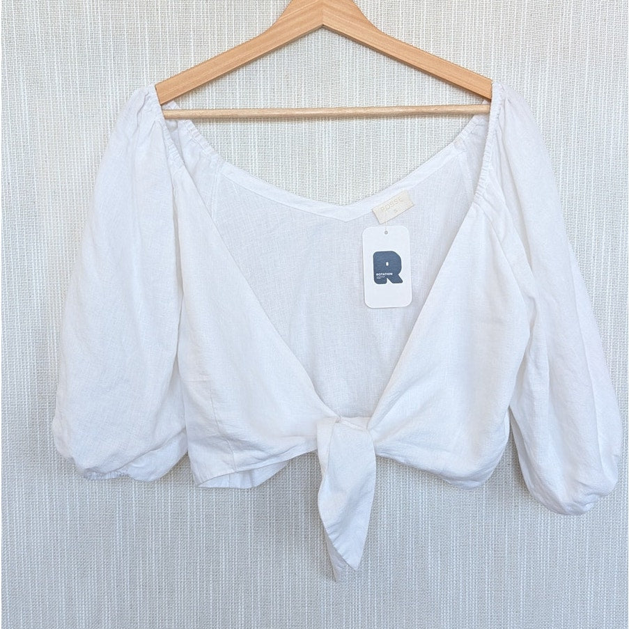 Posse Mia Linen Crop Top Womens S White Knot Detail V-neck Half Sleeve